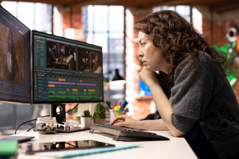 Focused editor woman works on video montage in a creative software at agency office, digital media. Filmmaker using dual monitors to edit footage and create content, post production.