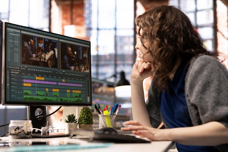 Focused editor woman works on video montage in a creative software at agency office, digital media. Filmmaker using dual monitors to edit footage and create content, post production.