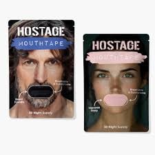 Two book covers of Hostage series showing mouthtape covers with male and female faces demonstrating mouth taping