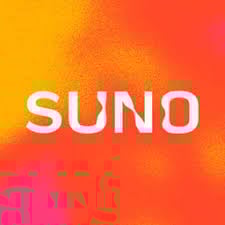 SUNO logo with white text on a vibrant gradient background of orange, red, and pink hues with purple accents