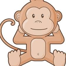 Cartoon brown monkey sitting with arms raised, smiling expression and curled tail