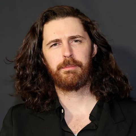 Man with long dark hair and beard wearing black shirt against gray background